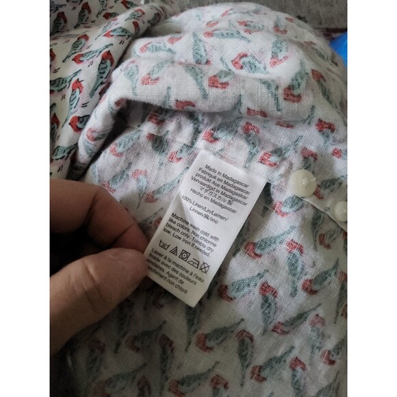 J. Crew 100% Linen Classic Short Sleeve Sz Large Bird Print White Shirt Preppy - Picture 4 of 9